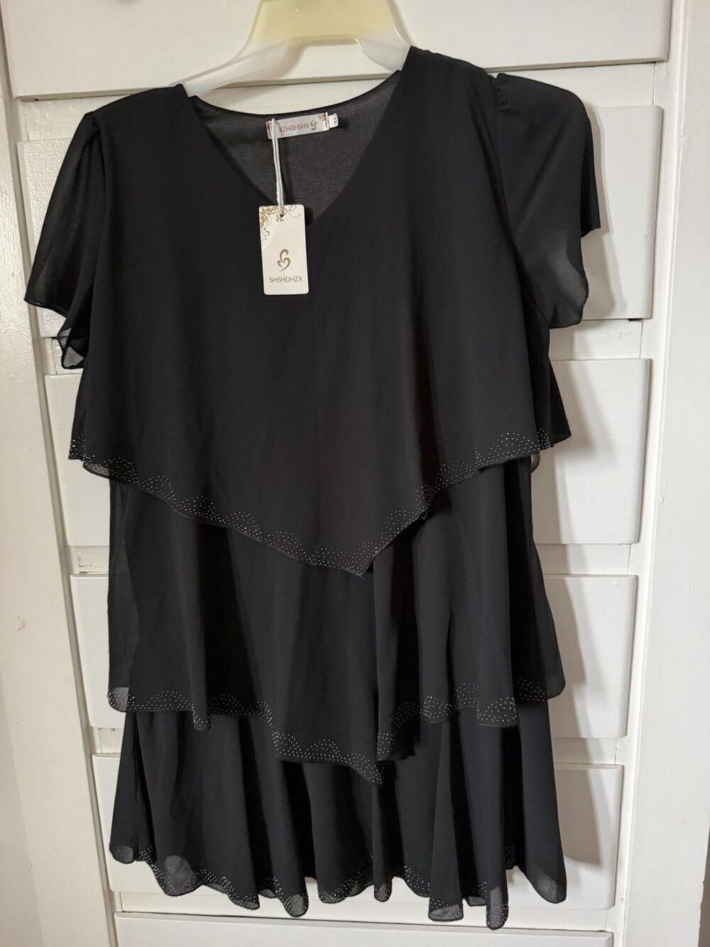 SHSHDHZX Women’s Black Chiffon Layered Studded Knee Dress XL V-Neck Short
